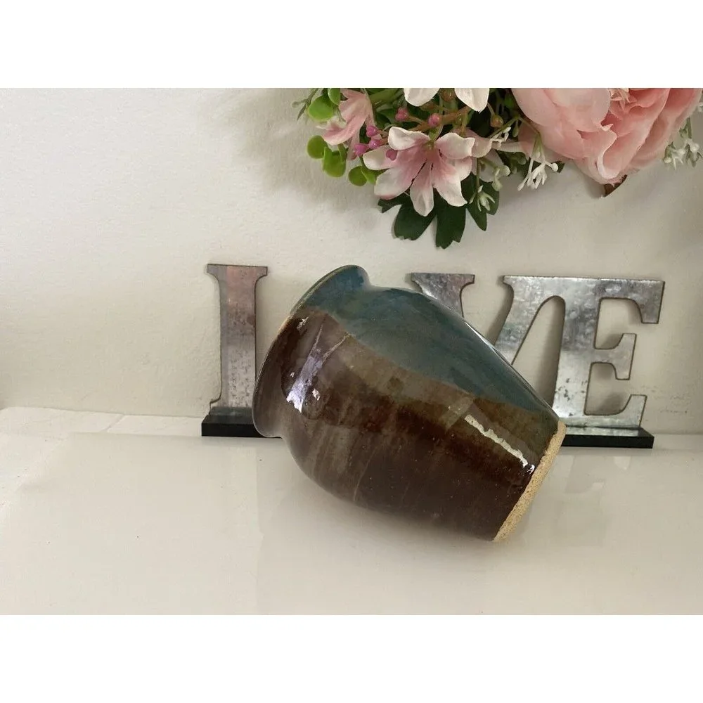 Blue and Brown Glazed Rare Signed by Artist Jen O MCM Studio Art Pottery Vase 5
